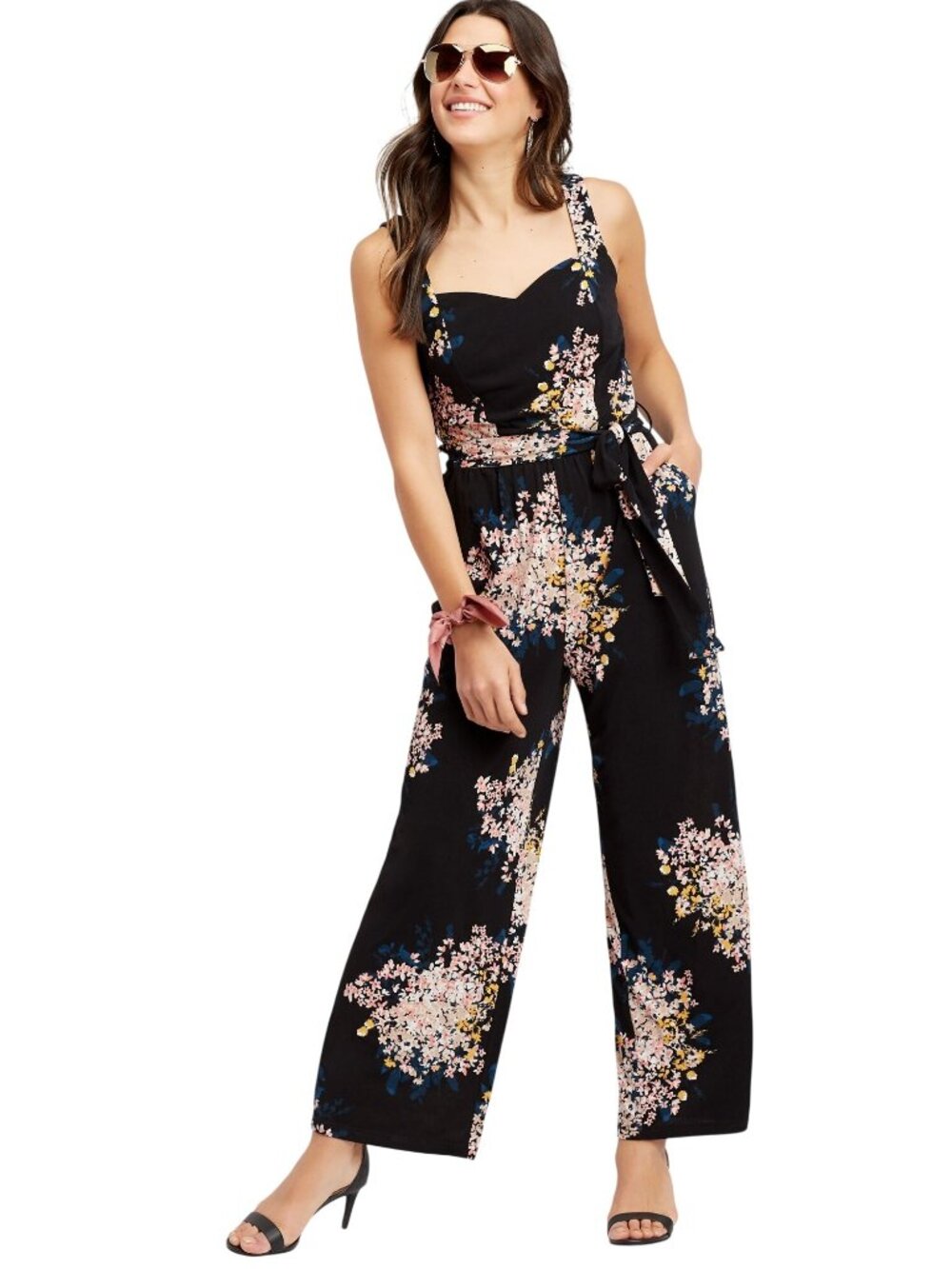 Maurices Tank Jumpsuit Size 1X Floral Print Tie Waist Sleeveless Smocked Black